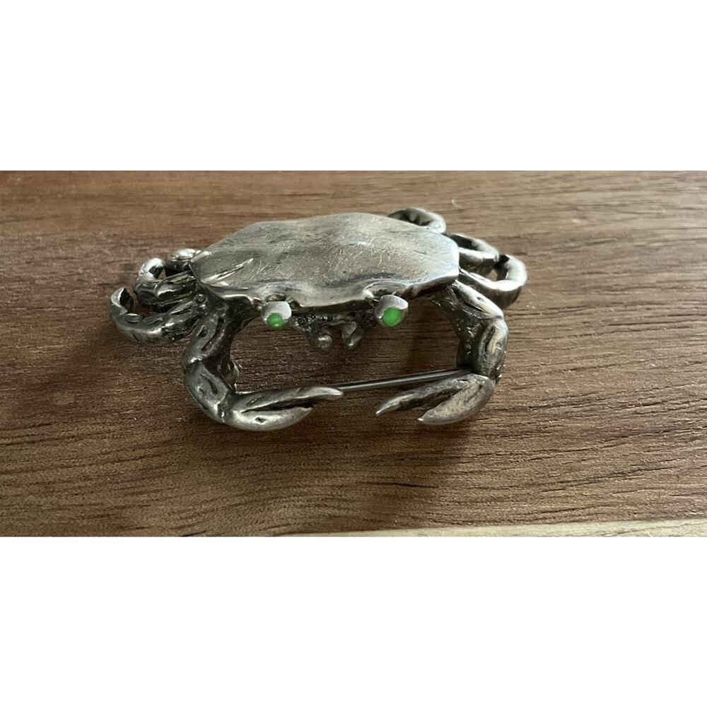 Vintage Sterling Silver Crab Animal Brooch 925 Green Eyes Nautical Crab Zodiac